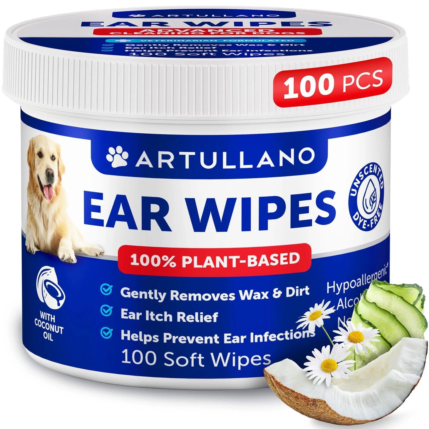 Gentle Dog Ear Wipes - 100 Plant-Based Wipes for Itch Relief, Wax & Dirt Removal - Hypoallergenic & Unscented Ear Cleaner for Dogs and Puppies