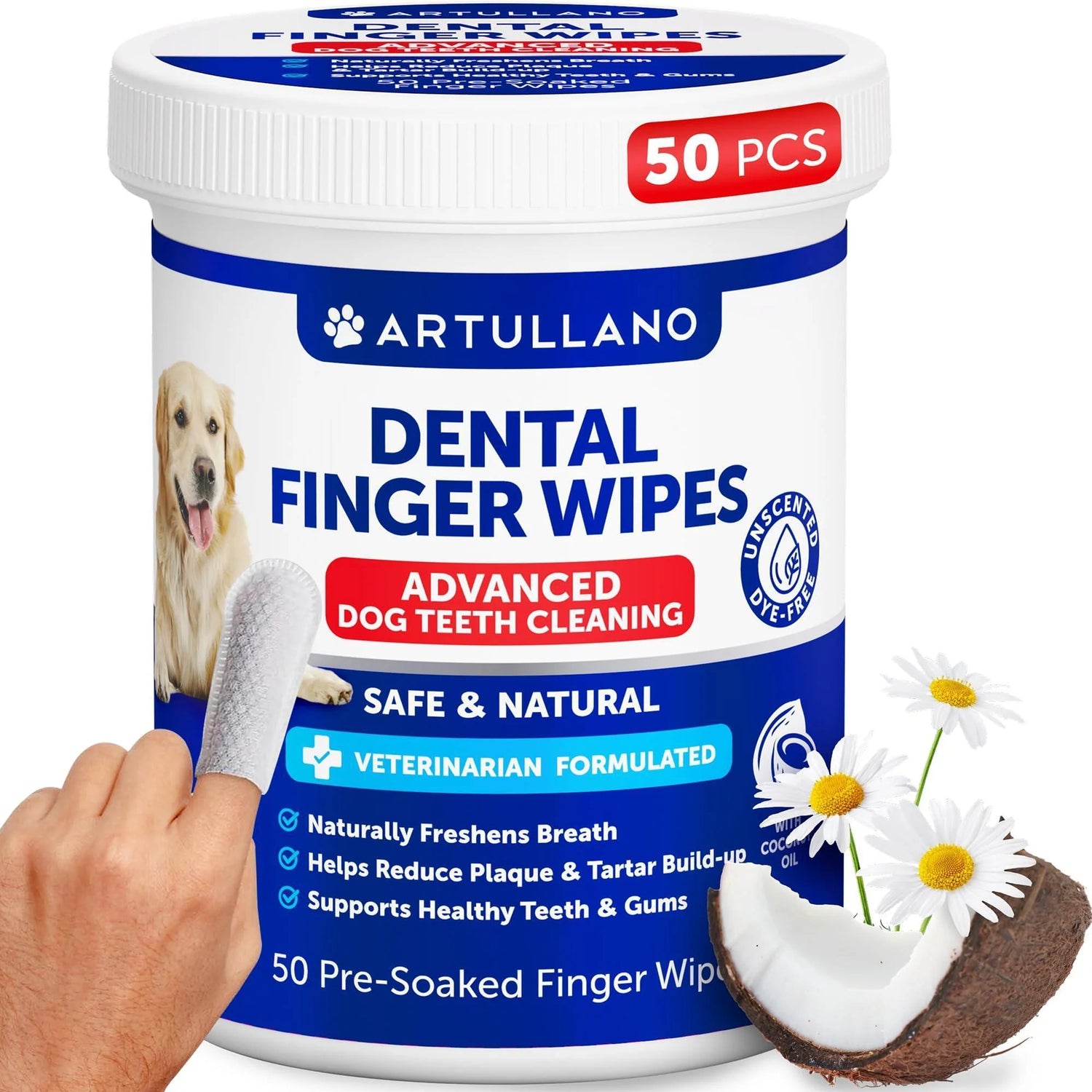 Revolutionary Dog Teeth Cleaning Wipes - 50 Disposable Finger Toothbrushes for Effortless Plaque and Tartar Removal, Fresh Breath, and Healthy Gums with Coconut Oil